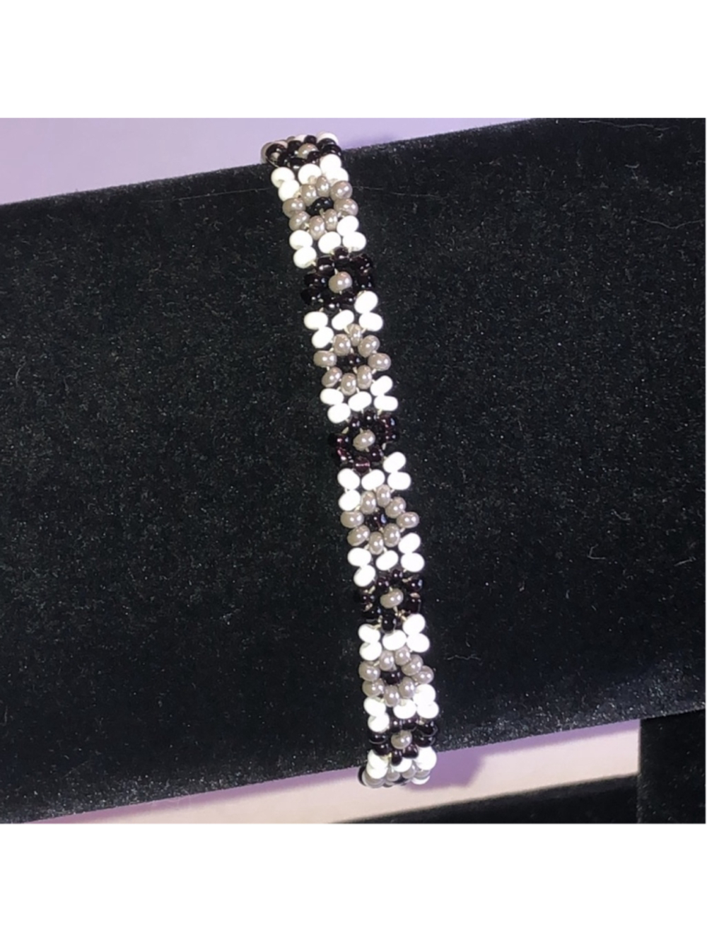 White and Black Seed Bead Beaded Flower Bracelet